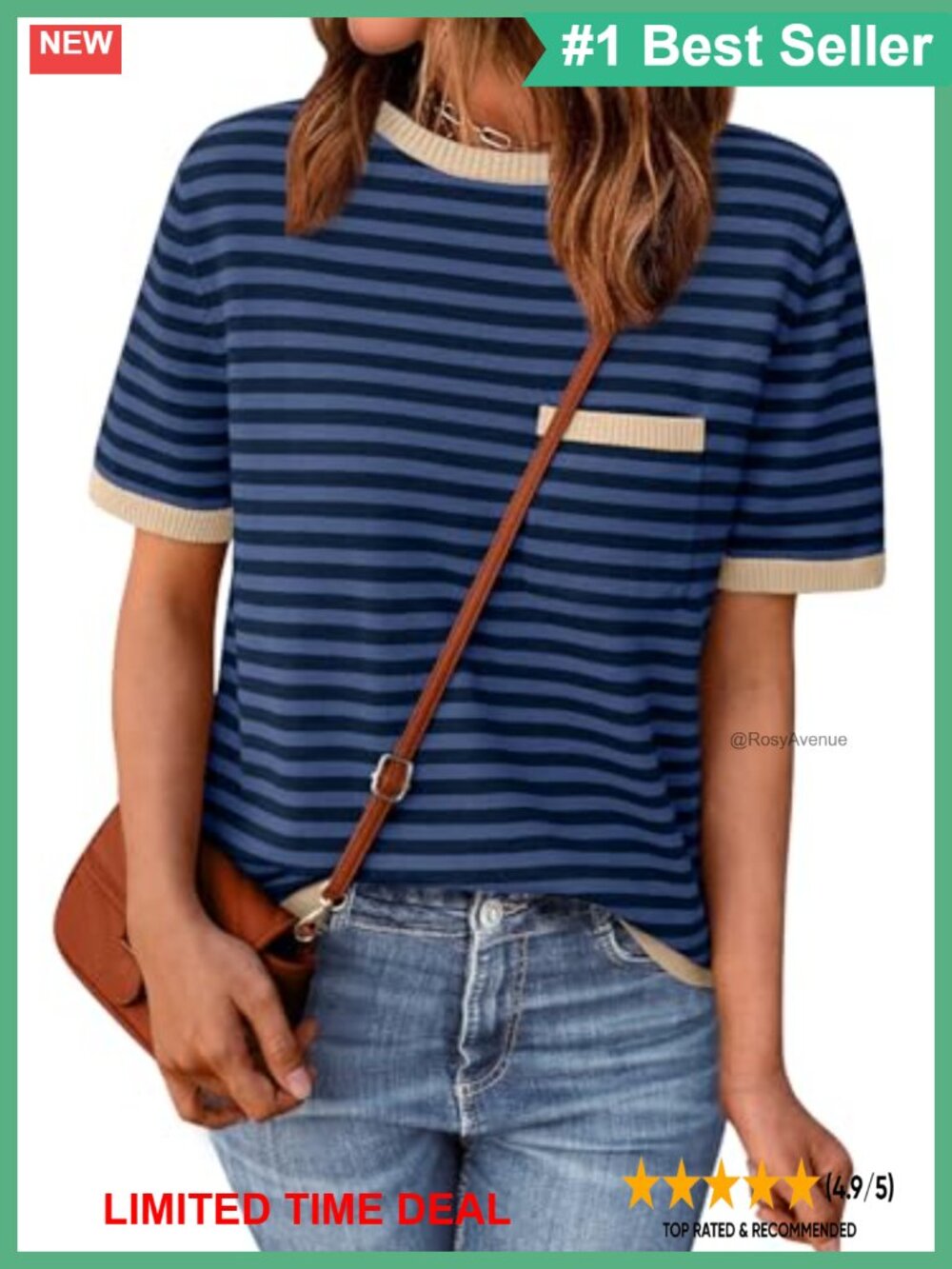 Striped Short Sleeve Sweater with Chest Pocket Crewneck